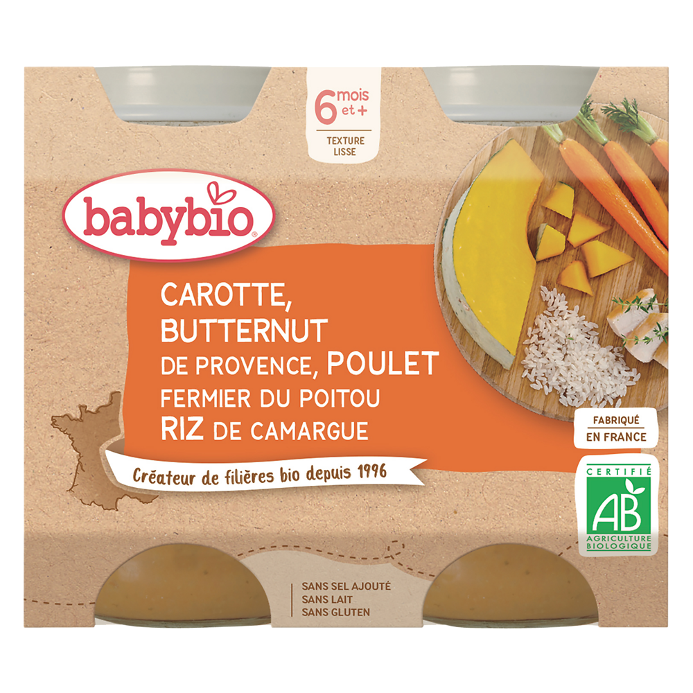 Pot carotte courge butternut poulet riz BABYBIO, dès 6 mois, 2x200g