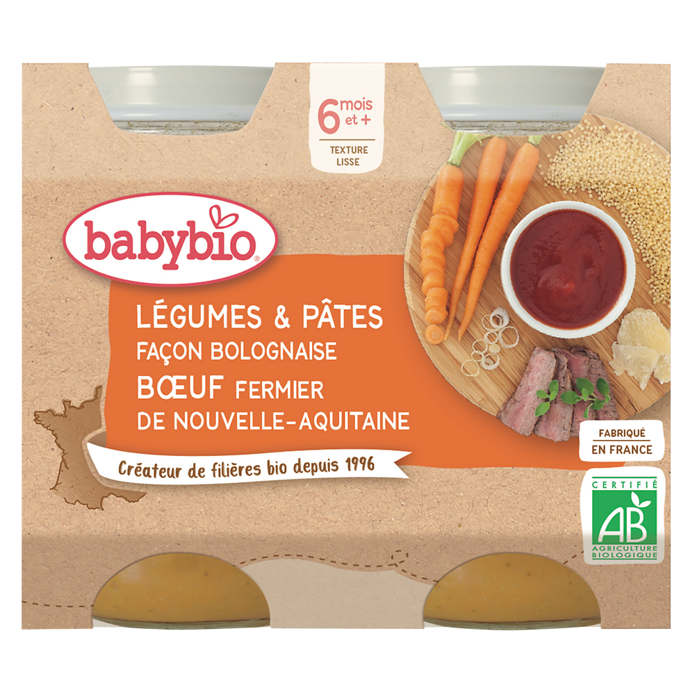 Pot de légumes pâtes bolognaise boeuf, BABYBIO, dès 6mois, 2x200g