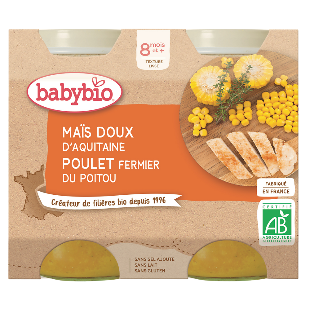 Pot maïs doux et poulet BABYBIO, dès 8 mois, 2x200g