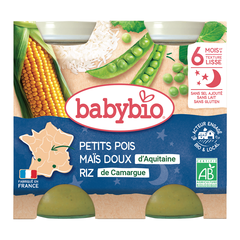 Pot bonne nuit petit pois maïs riz BABYBIO, 2x200G