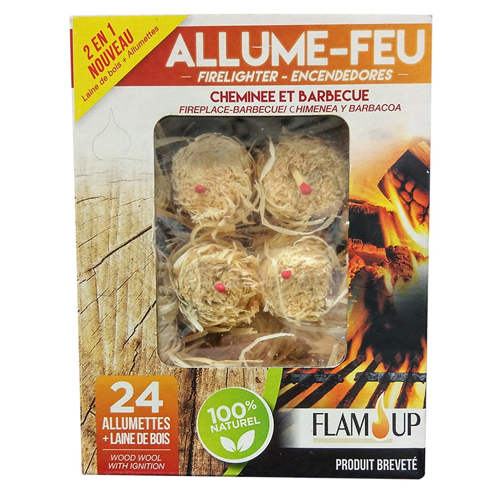 Allume feux + allumettes en laine de bois 100% naturel FLAM UP, boîtede 24