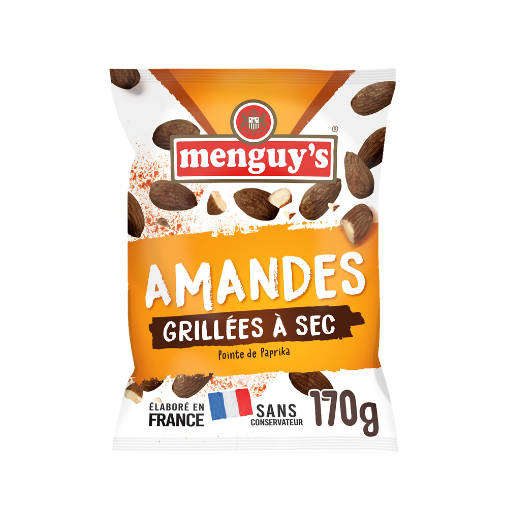 Amandes grillées à sec pointe de paprika, MENGUY'S, sachet 170g