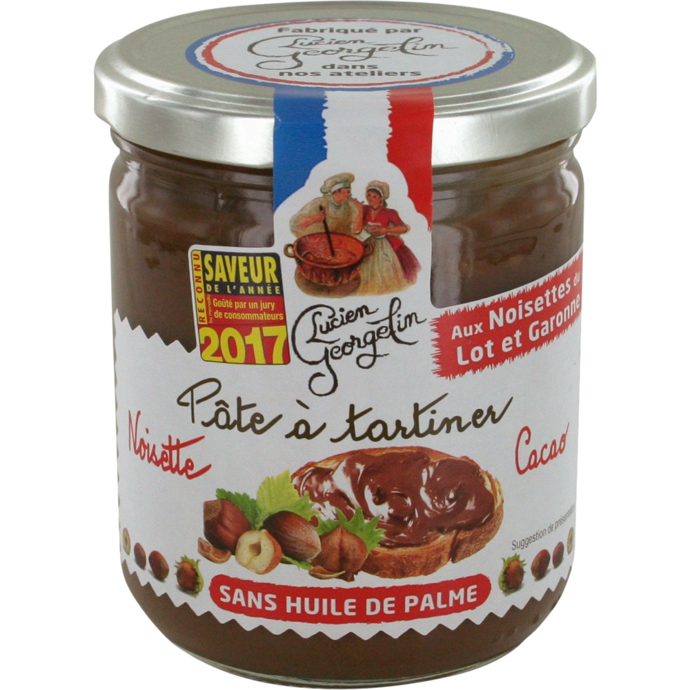 Pâte à tartiner noisettes cacao du Lot et Garonne LUCIEN GEORGELIN, pot de 400g