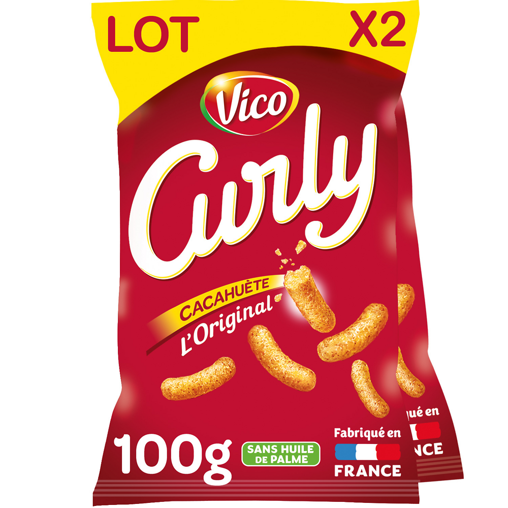 Biscuits apéritifs CURLY goût cacahuète, 2 sachet de 100g