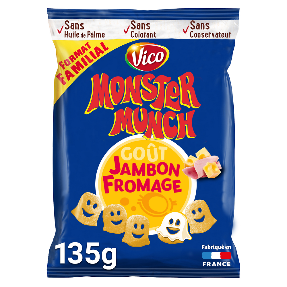 Biscuits apéritifs goût jambon fromage MONSTER MUNCH, sachet de 135g