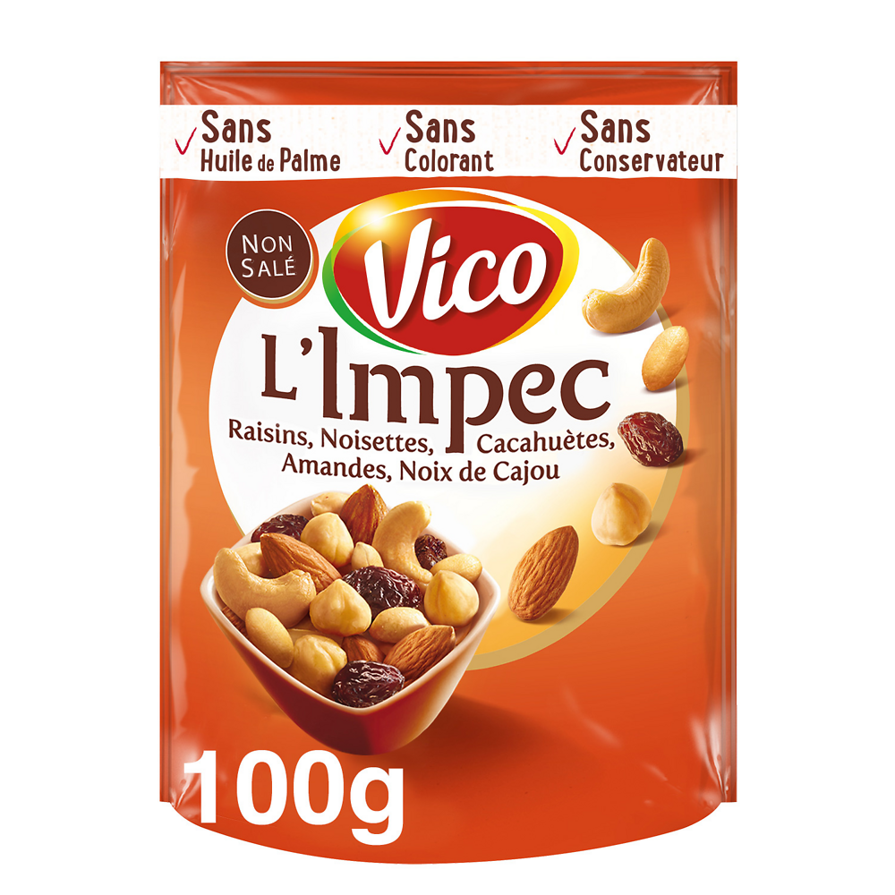 L'impec noix de cajou, cacahuètes, raisins, noisettes, amandes VICO, 100g