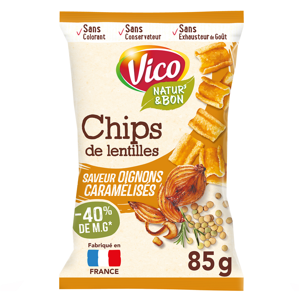 Gâteau apéritif chips de lentilles oignons caramélisés Natur'& bon VICO, sachet de 85g