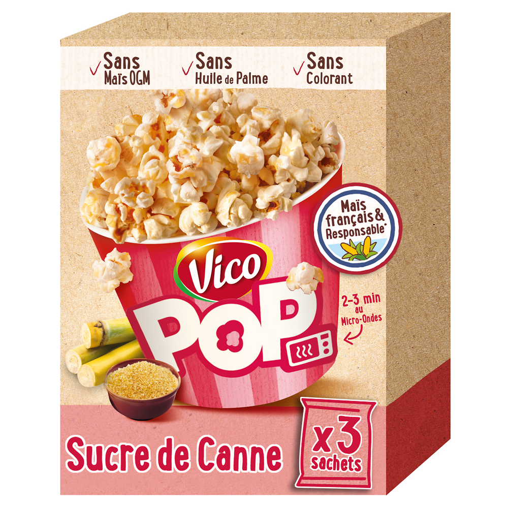 Pop corn micro-ondable pop sucré sucre de canne, VICO, 3x80g