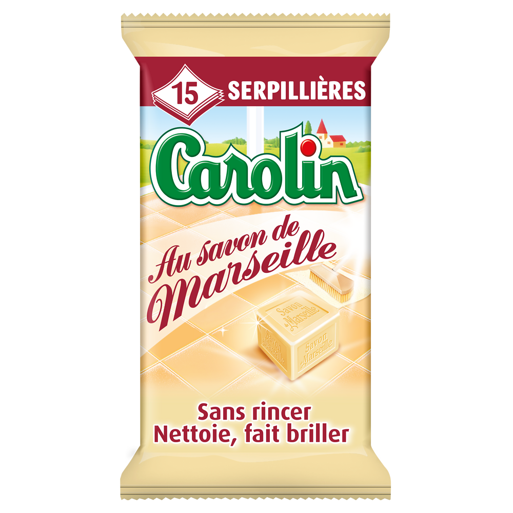 Lingettes pour sols au savon de Marseille CAROLIN - 15 unités