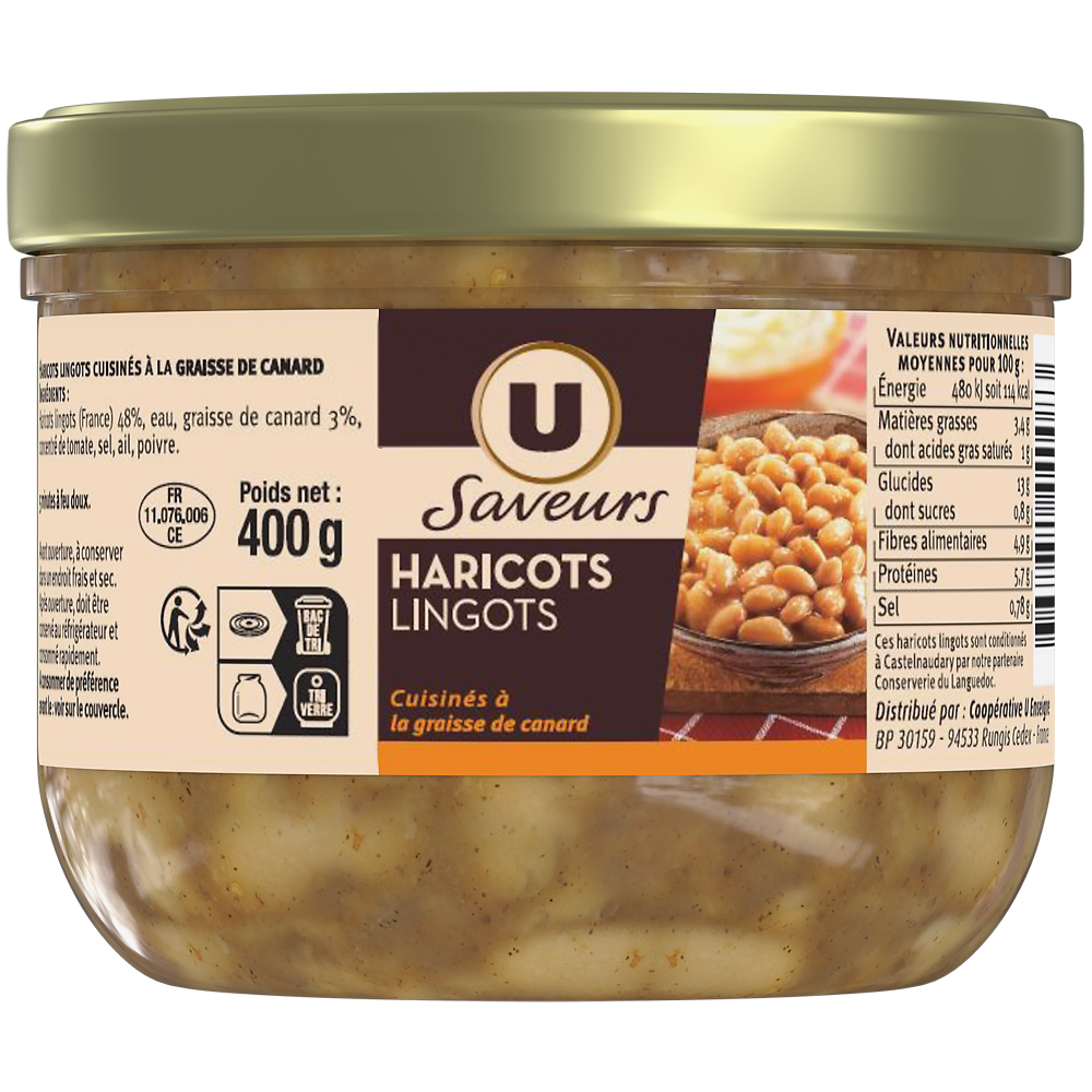 U SAVEURS Haricots lingots cuisinés à la graisse de canard 400g