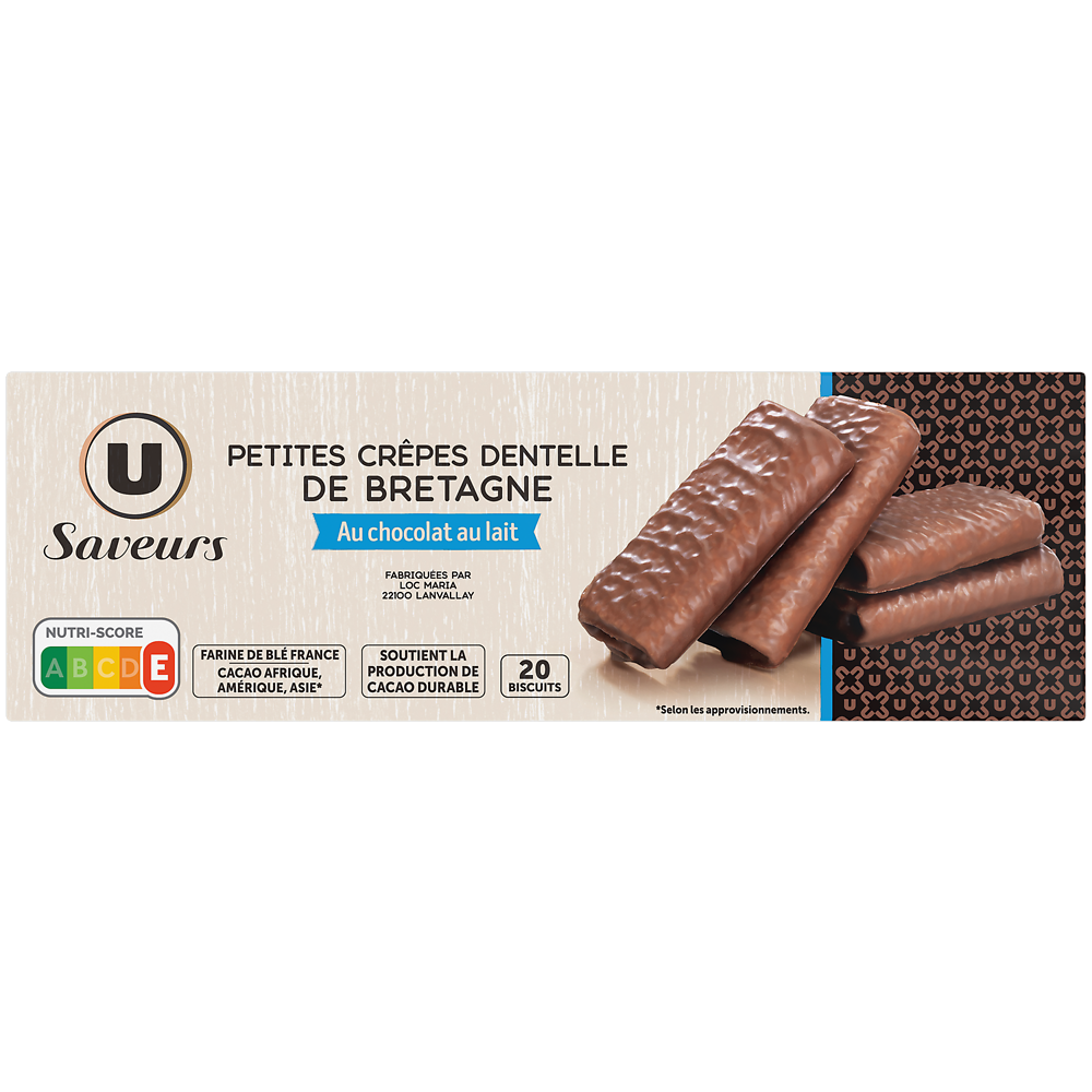 U SAVEURS Crêpes dentelle de Bretagne enrobées chocolait lait  paquetde 100g