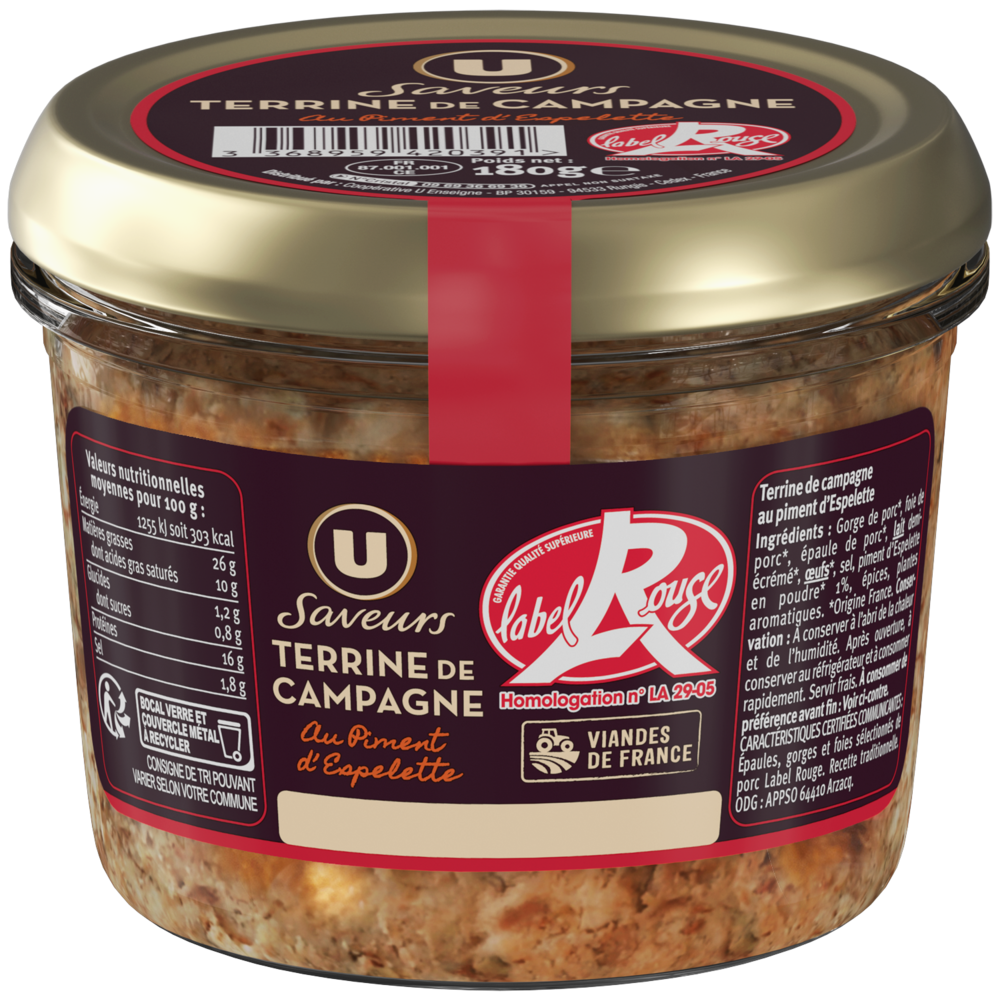 U SAVEURS Terrine de campagne au piment d'Espelette Label Rouge , Bocal 180g