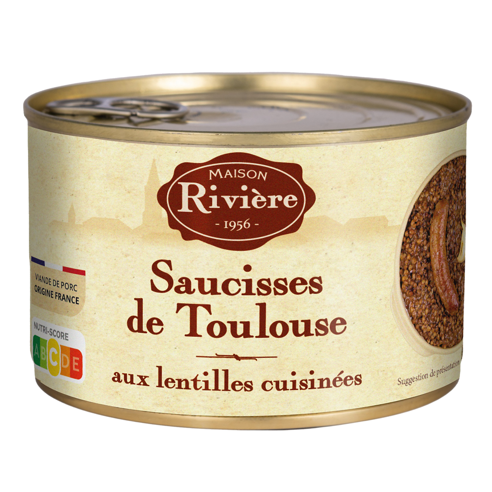 Saucisses de Toulouse aux lentilles cuisi.MAISON RIVIERE bte 1/2 420g