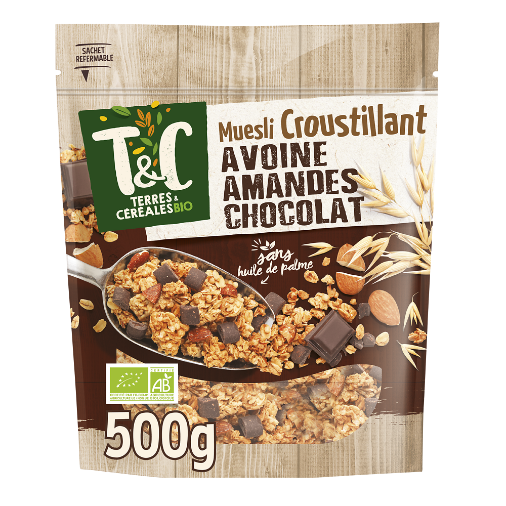 Muesli croustillant avoine amande chocolat bio TERRES ET CEREALES, 500g