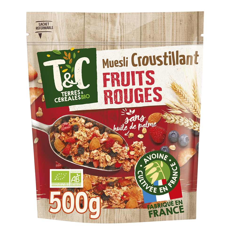 Muesli croustillant bio aux fruits rouges TERRE & CEREALES, 500g