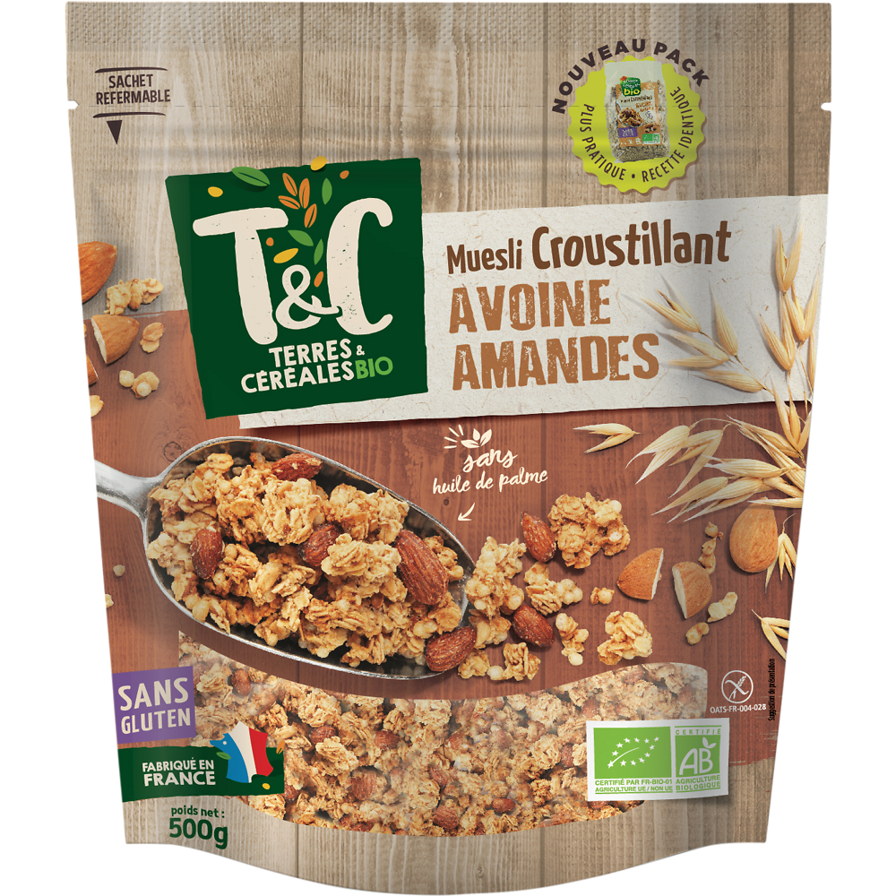 Muesli bio croustillant avoine amandes sans gluten, TERRES ET CEREALES, 500g