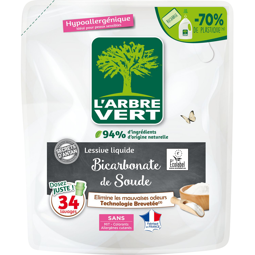 Lessive liquide secrets d'antan bicarbonate de soude hypoallergéniqueARBRE VERT x34lav.1,53l recharge 94% d'ingrédients d'origine naturelle