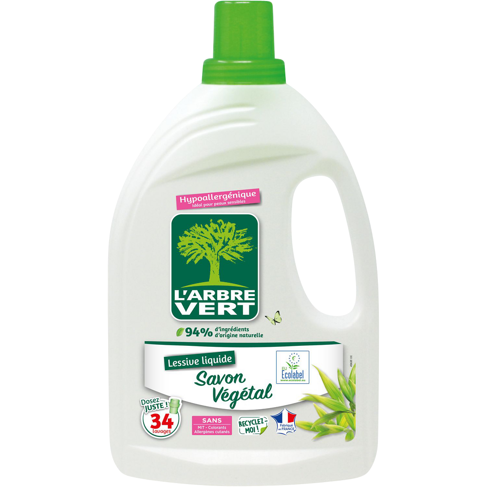 Lessive liquide savon végétal ARBRE VERT bidon 1,53l 34lavages