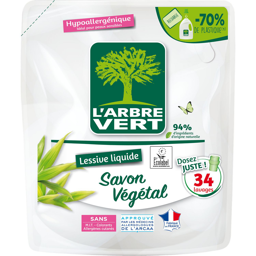 Lessive liquide savon végétal hypoallergéniqueARBRE VERT x34lav.1,53l recharge 94% d'ingrédients d'origine naturelle