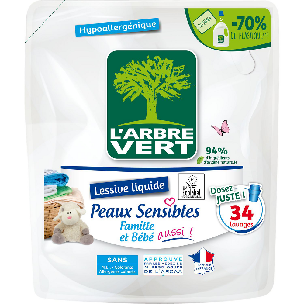 Lessive liquide peaux sensibles famille & bébé aussi hypoallergéniqueARBRE VERT x34lav.1,53l recharge 94% d'ingrédients d'origine naturelle