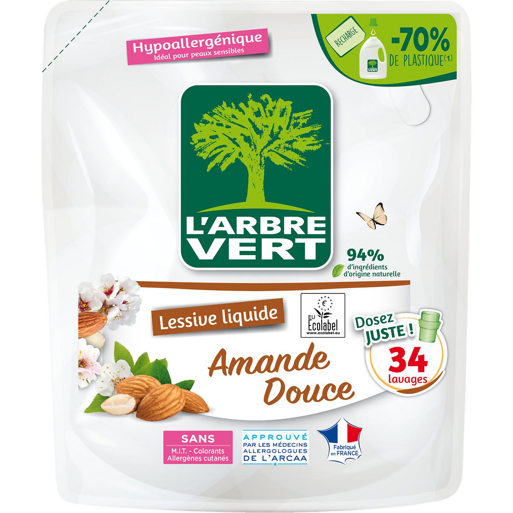 Lessive liquide amande douce hypoallergénique ARBRE VERT x34lav.1,53lrecharge 94% d'ingrédients d'origine naturelle