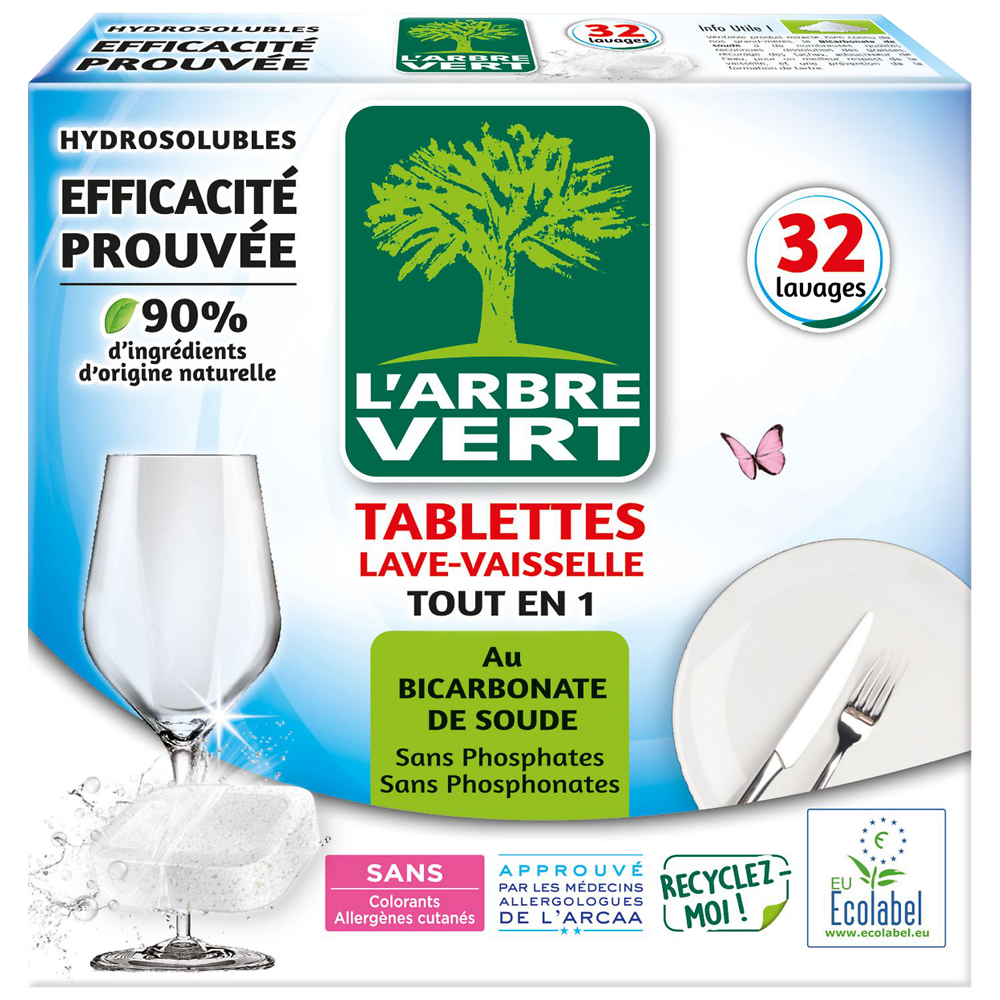 Tablette lave vsl tout-en-1 écolabel L'ARBRE VERT x32doses90% d'ingrédients d'origine naturelle