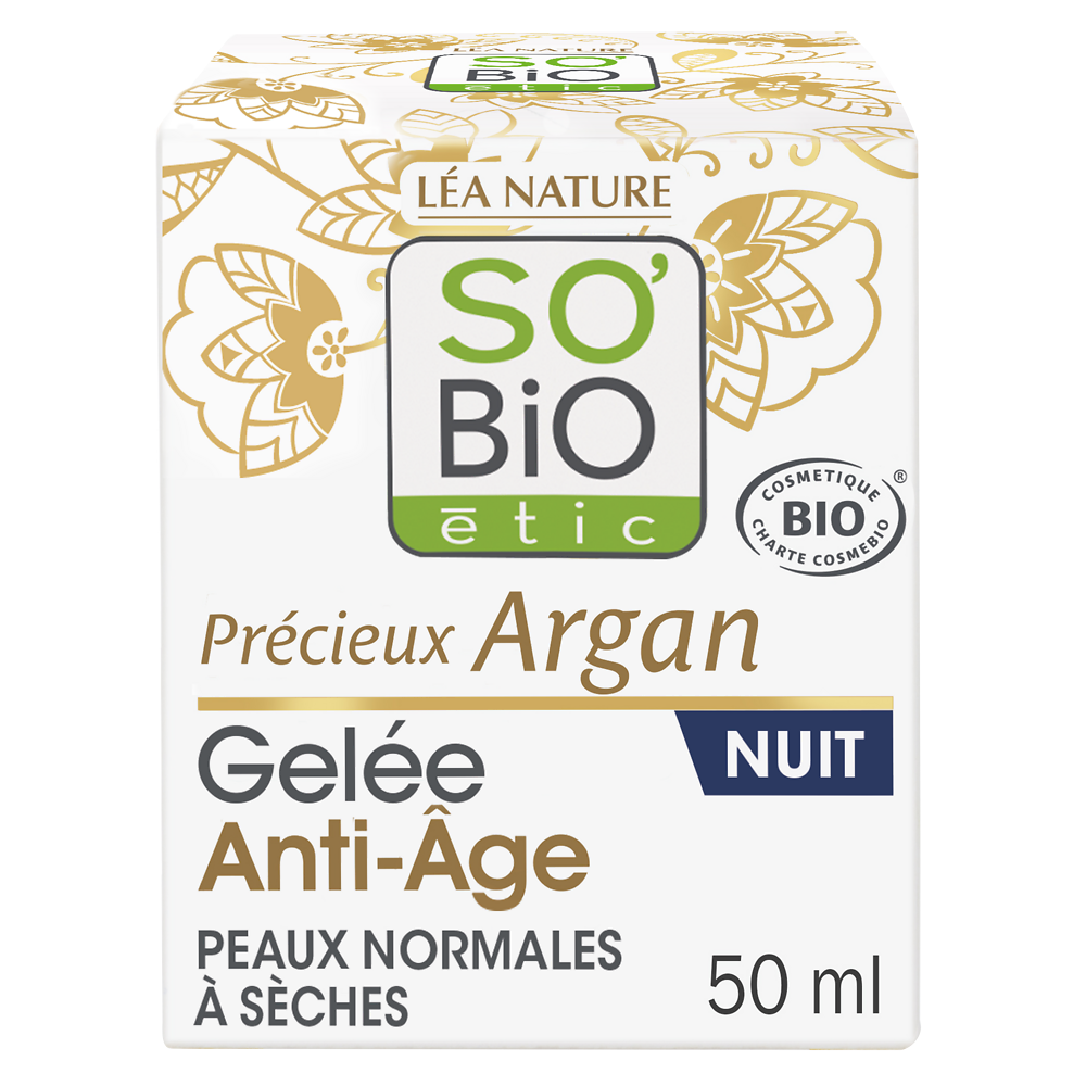 Crème visage Gelée de nuit anti âge argan bio SO BIO, pot de 40ml