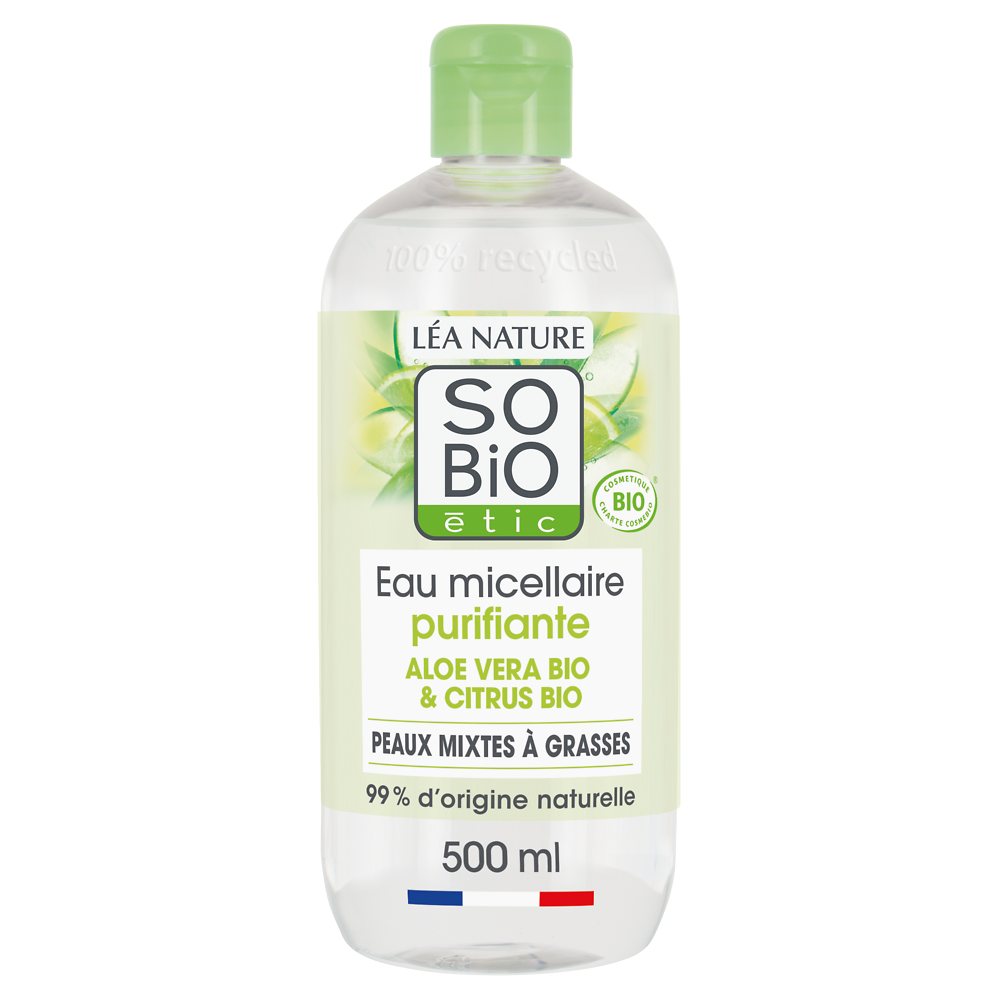 Eau micellaire peaux sensibles aloé vera bio SO BIO, flacon de 500ml