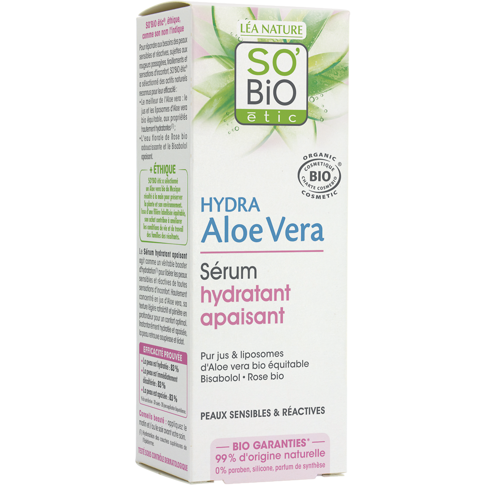 Serum hydratant + peaux sensible/sèches aloe vera SO BIO, 30ml