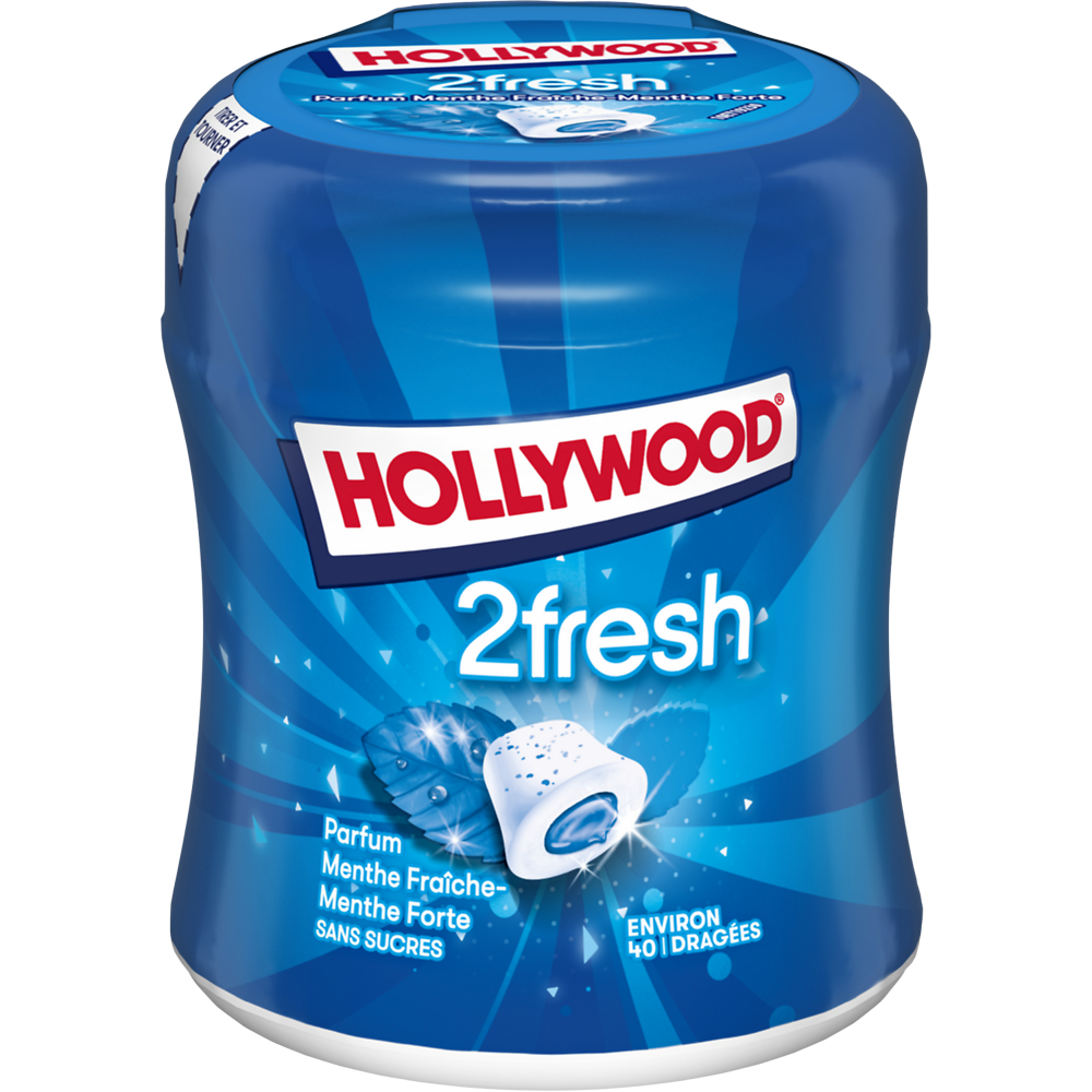 Chewing gums sans sucre menthe forte-menthe fraîche 2Fresh HOLLYWOOD,40 dragées, 88g