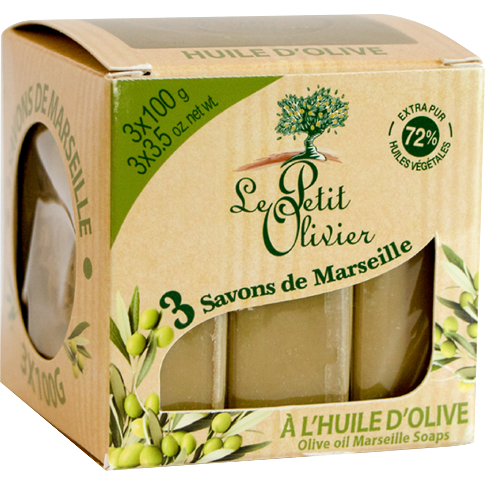 Savon de marseille huile d'olive extra pur 72% huiles végétalesLE PETIT OLIVIER 3x100g