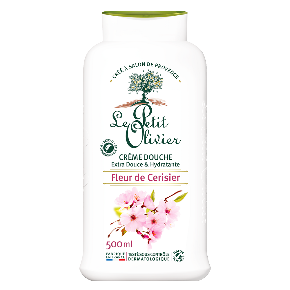 Crème de douche extra douce à l'extrait naturel de fleur de cerisier LE PETIT OLIVIER, flacon de 500ml