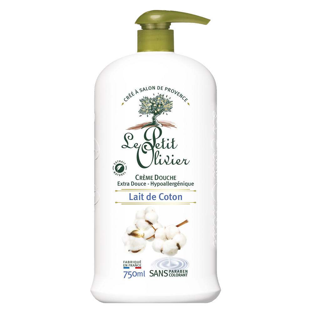 Crème douche extra au lait de coton LE PETIT OLIVIER, flacon de 750ml