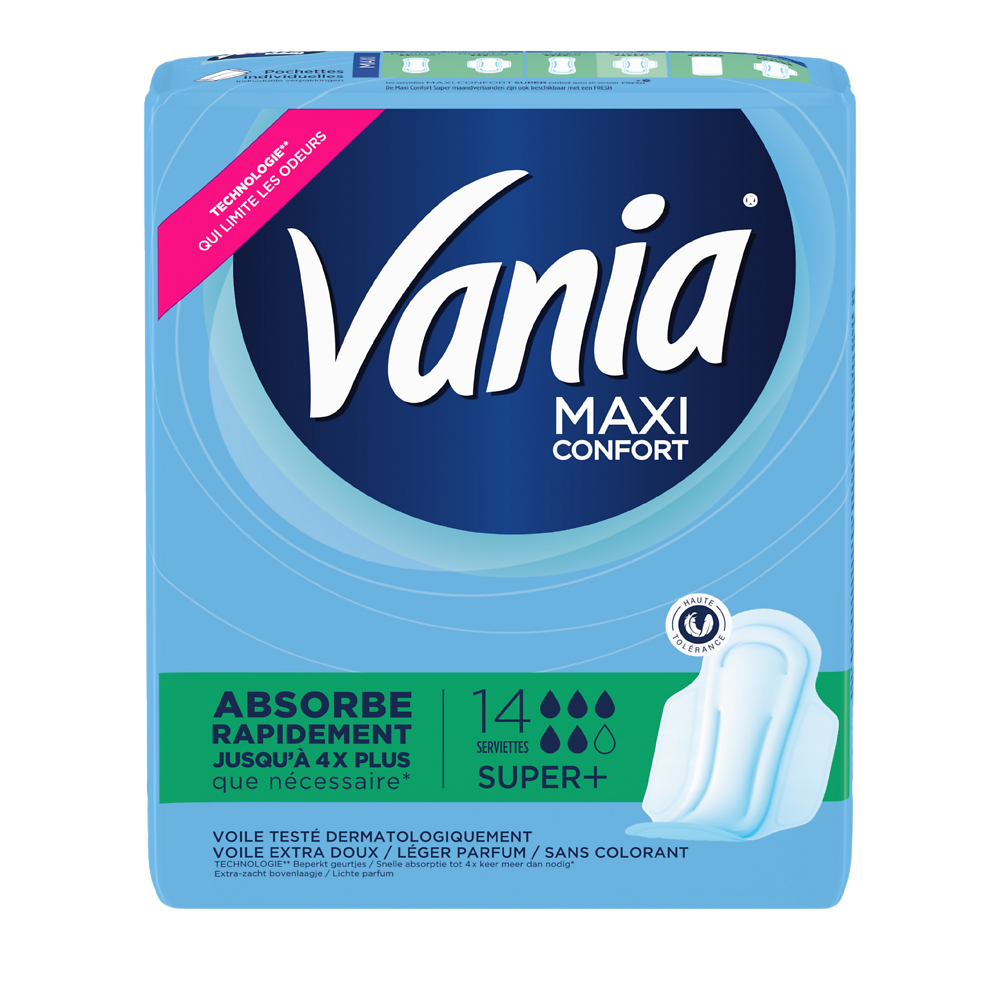 Serviettes périodiques maxi confort super plus VANIA, paquet de 14 unités