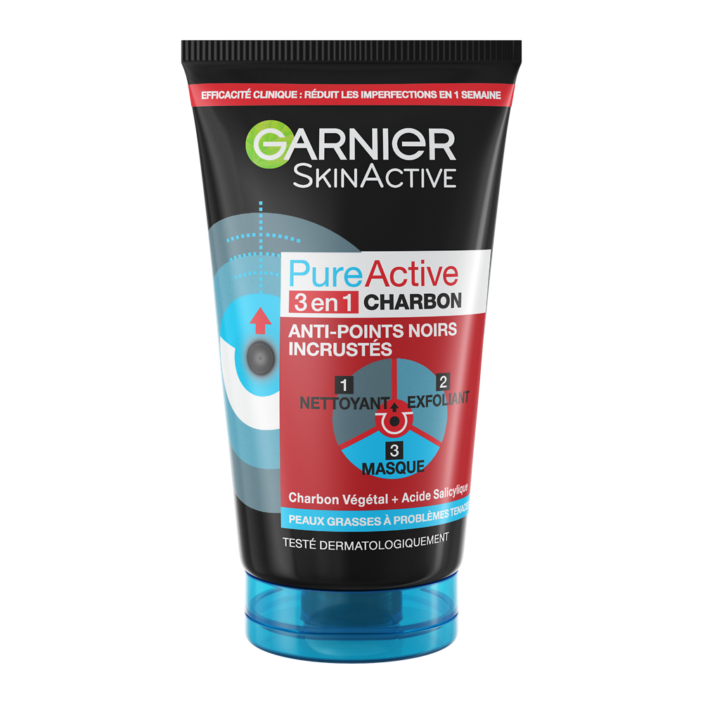 Pure Active Nettoyant 3en1 Charbon Anti-Points Noirs GARNIER Tube 150ml