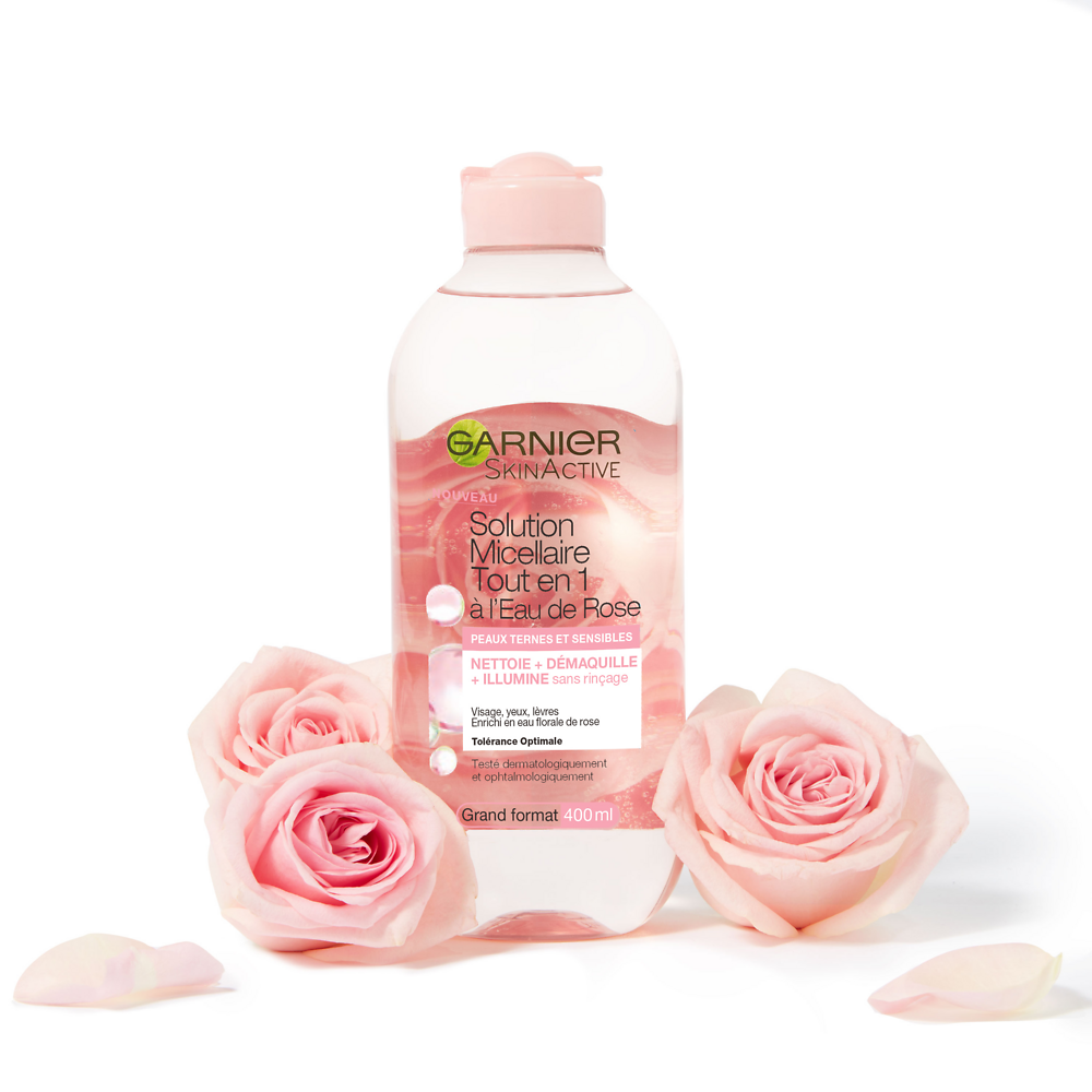 SkinActive Solution Micellaire Eau de Rose Tout en 1 Peaux Ternes et sensibles GARNIER Flacon 400 ml