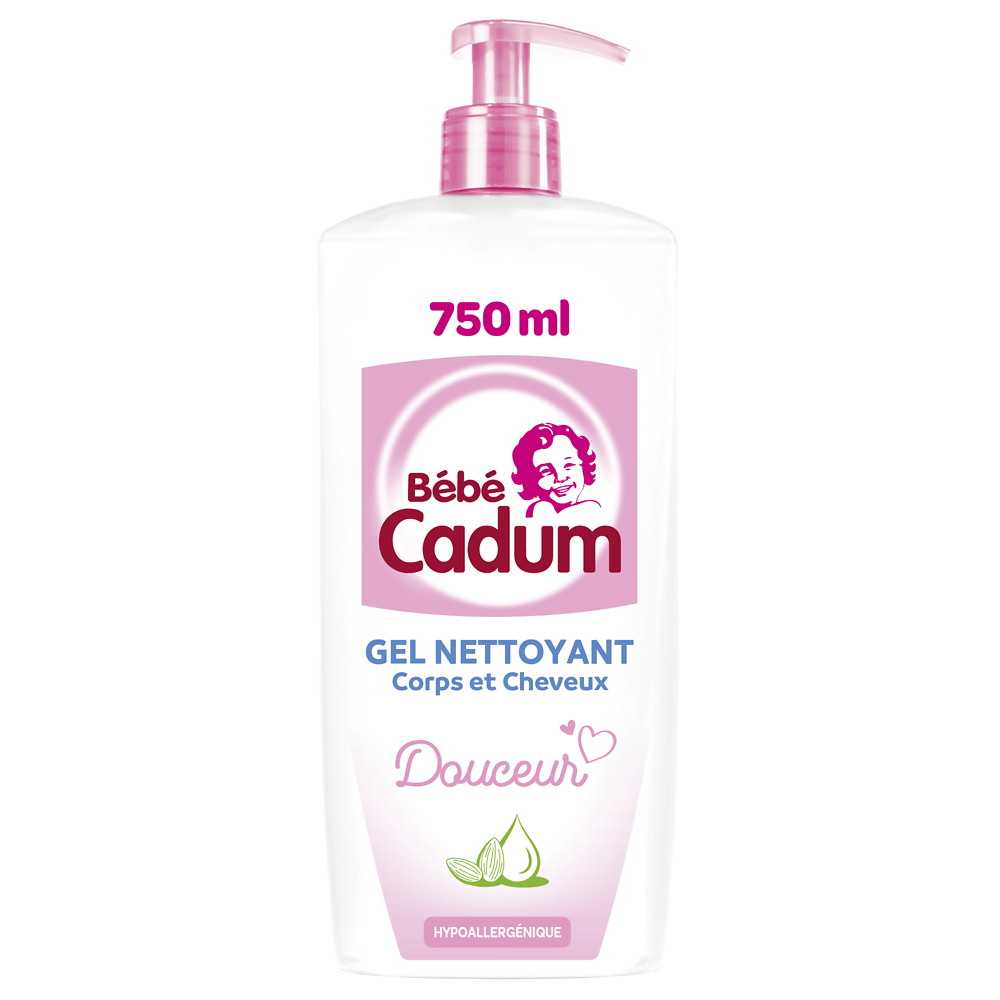 Gel Bébé nettoyant corps cheveux hypoallergénique huile amande bio CADUM Flacon Pompe 750ml