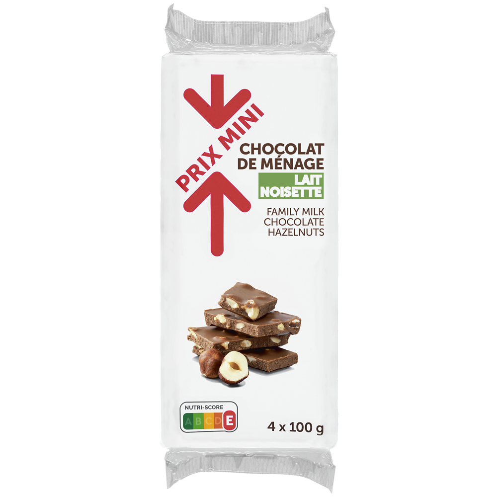 Chocolat au lait aux éclats de noisettes PRIX MINI, 4 Tablettes de 100g