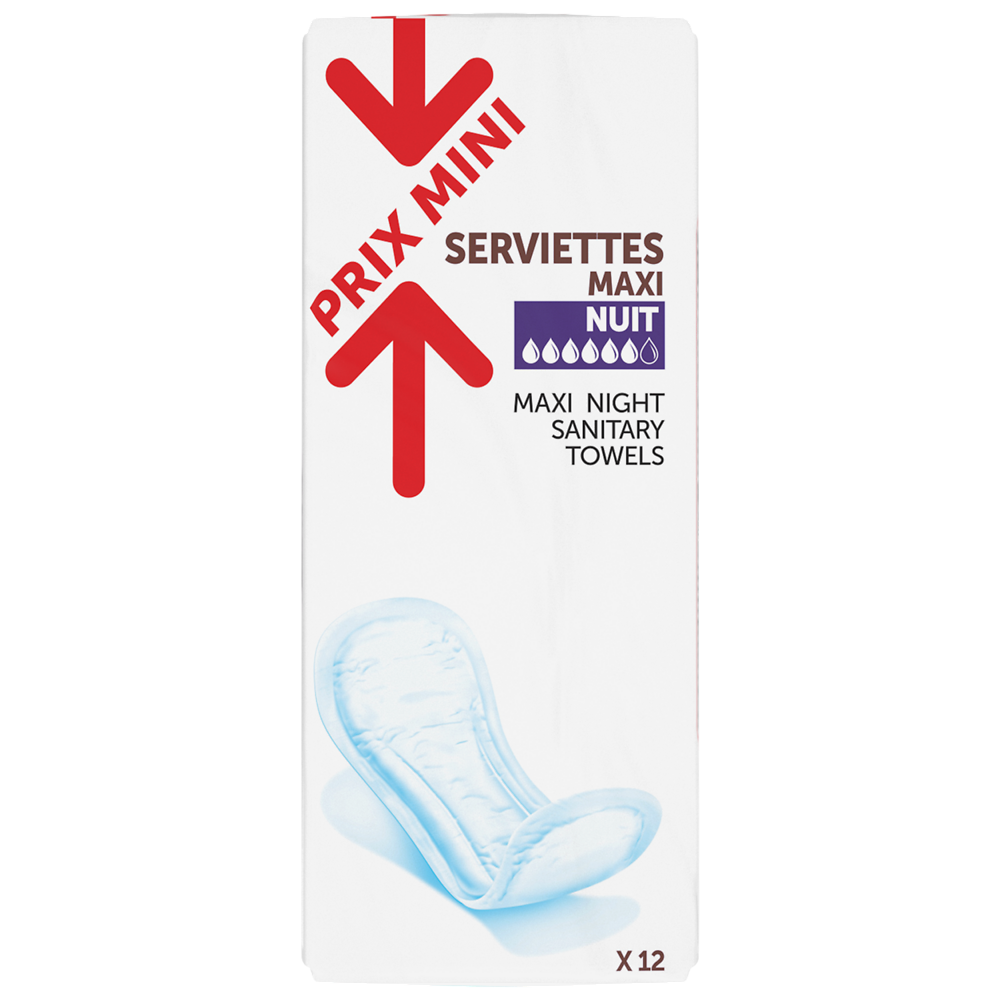 Serviettes hygiéniques maxi nuit sans ailettes PRIX MINI - x12