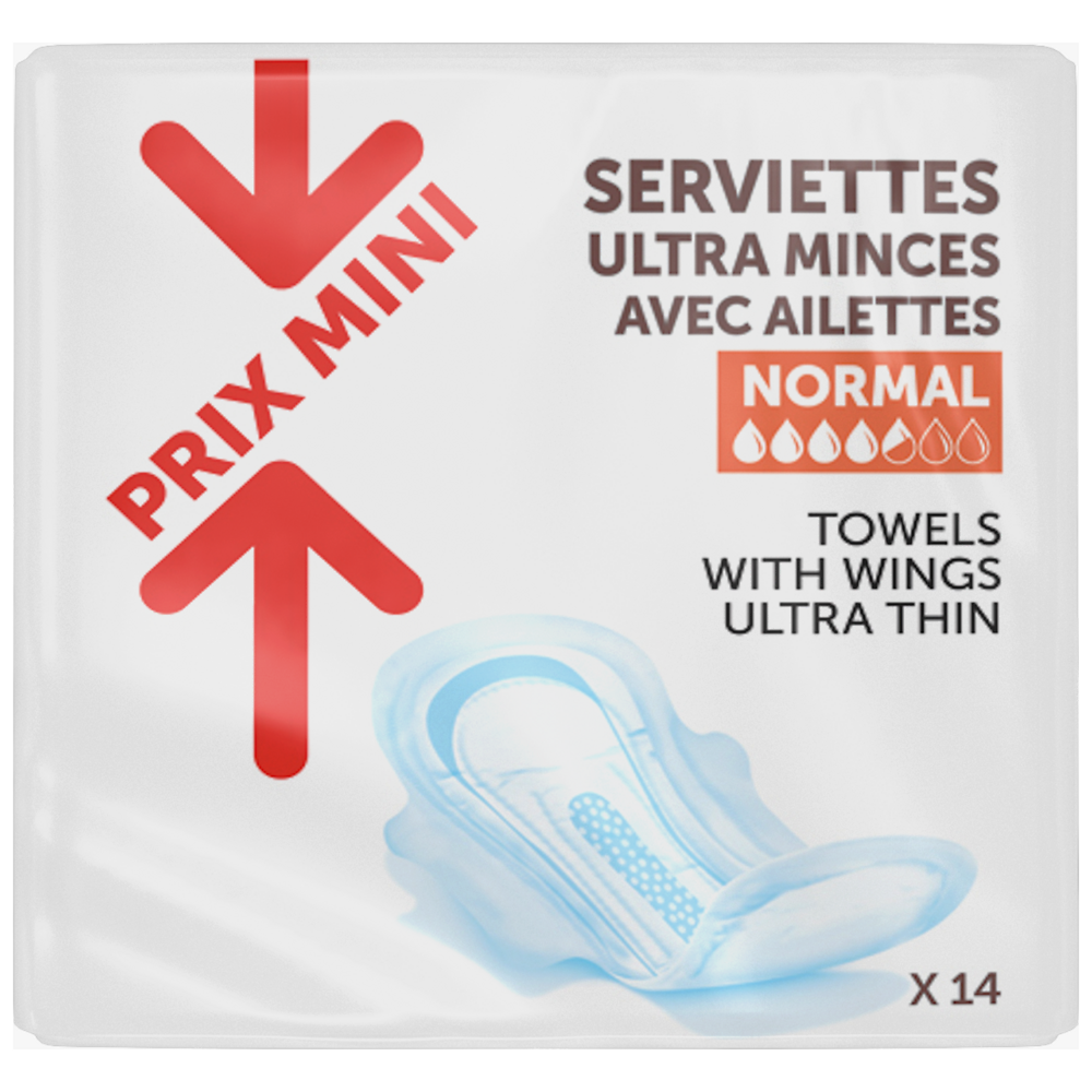 Serviettes hygiéniques ultra minces avec ailettes PRIX MINI - x14