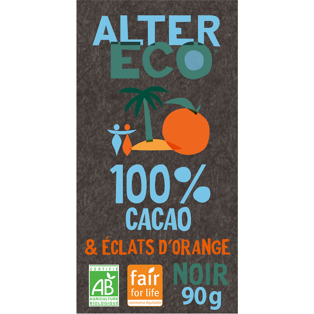 Chocolat noir 100% cacao et éclat d'orange bio ALTER ECO, 90g