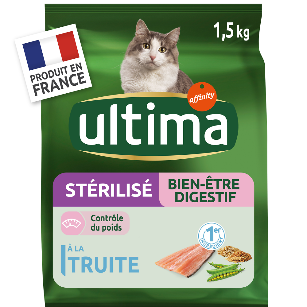 Croquettes pour chats stérilisés sensibles à la truite et à l'orge ULTIMA, 1,5Kg