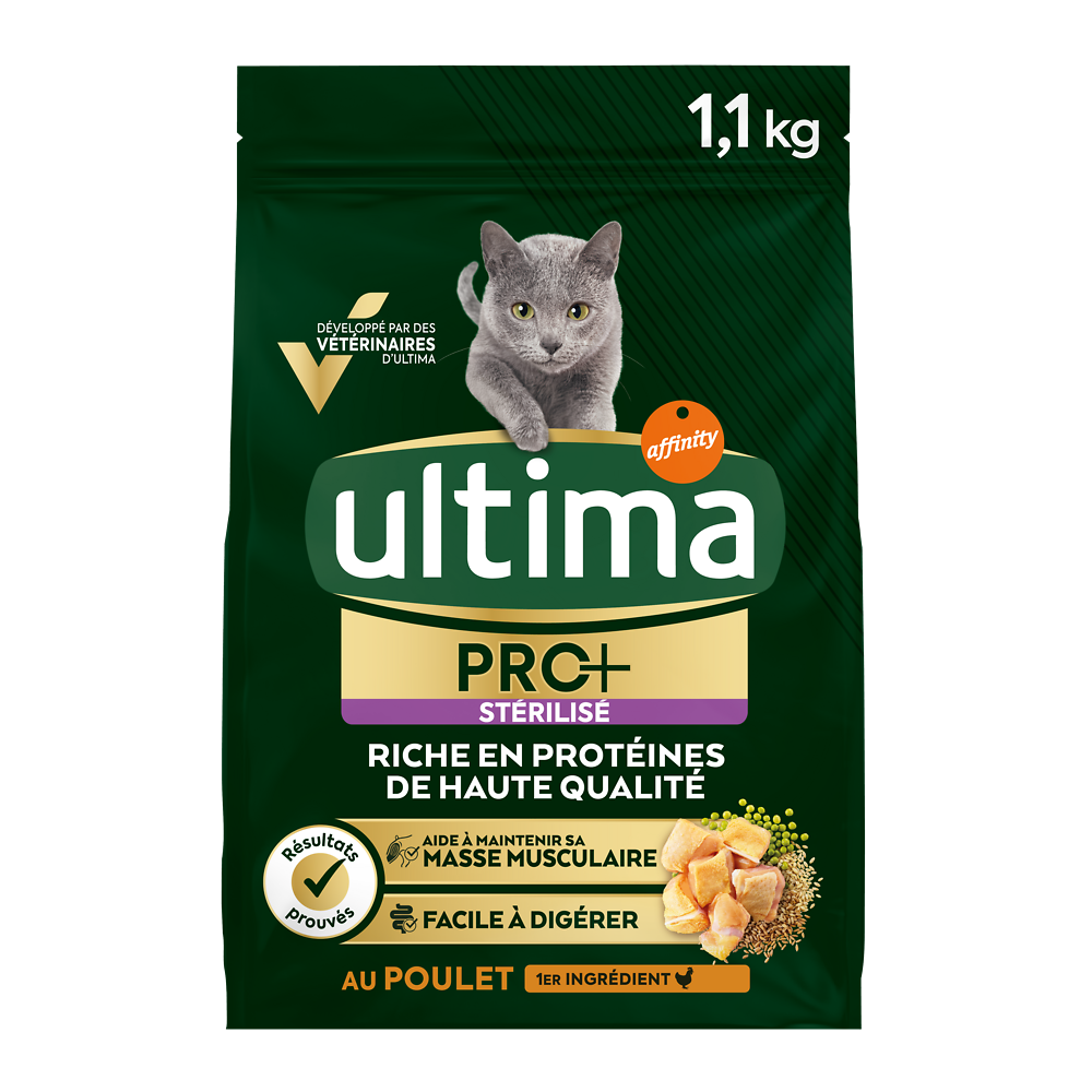 Croquettes Chat Stérilisé Pro+ Adulte Poulet ULTIMA, 1,1 kg