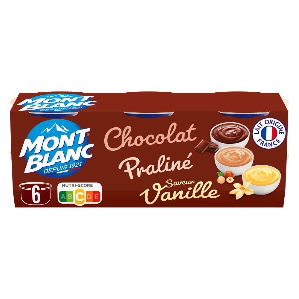 Crème dessert Coupelles Chocolat, Vanille, Praliné MONT BLANC, 6x125g