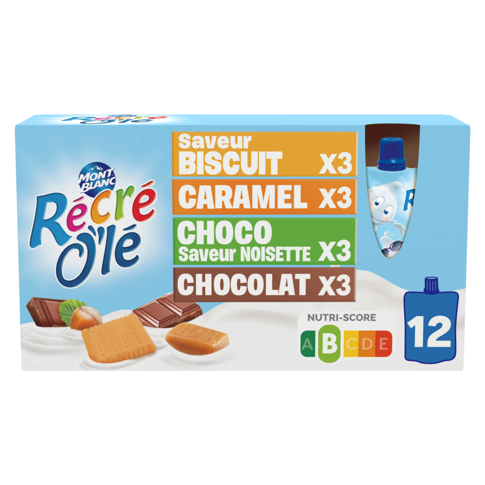 Goûter laitier Chocolat, Caramel, Saveur Biscuit, Chocolat Saveur Noisette RÉCRÉ O'LÉ 12x85g