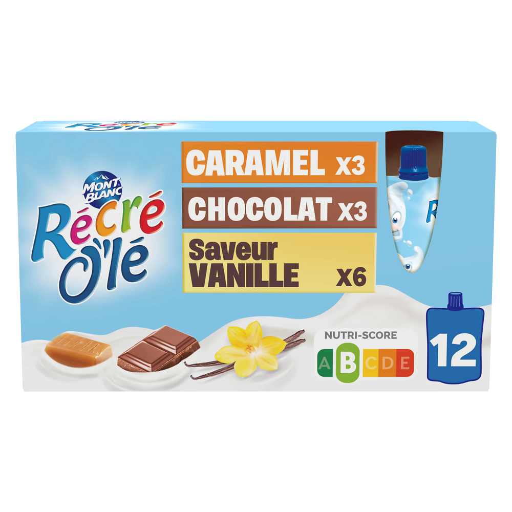 Goûter laitier Gourdes Chocolat, Saveur Vanille, Caramel RÉCRÉ O'LÉ 12x85g