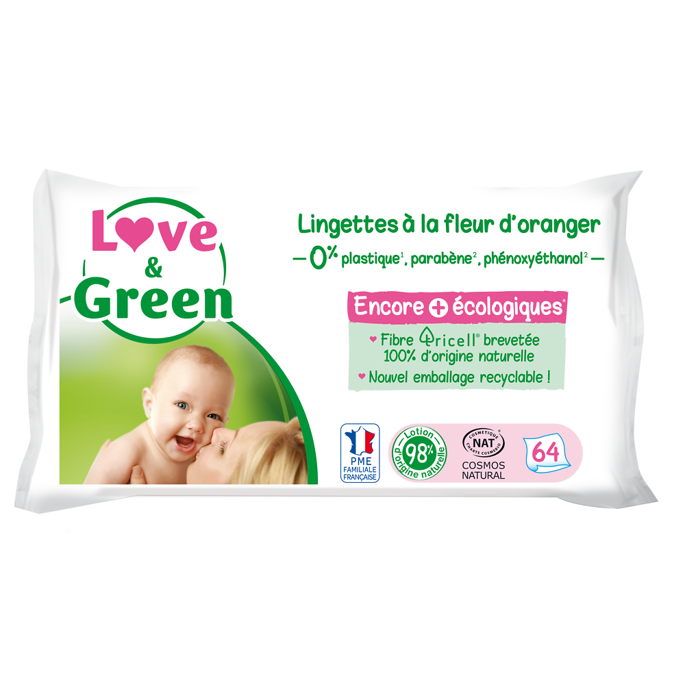 Lingettes hypoallergéniques fleurs d'oranger peaux sensibles LOVE&GREEN,  x64