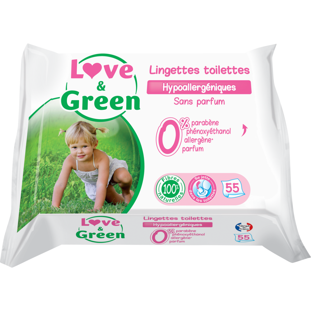 Lingettes de toilettes hypoallergéniques LOVE&GREEN, x55