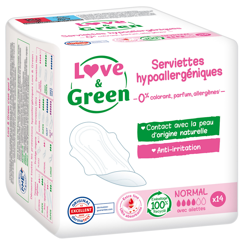 Serviettes hygiéniques hypoallergéniques 0% anti irritation LOVE&GREEN, x14