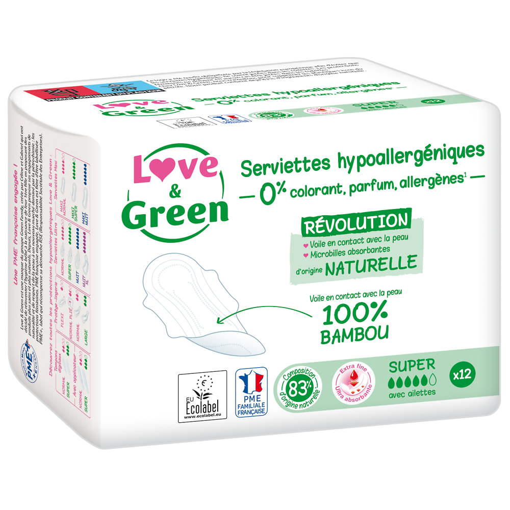 Serviettes hygiéniques super hypoallergéniques LOVE&GREEN, x12